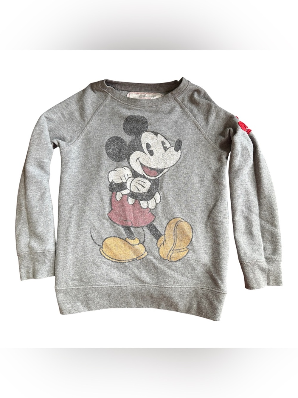 Disney Grey Mickey Mouse crew sweatshirt with embroidered patch on arm